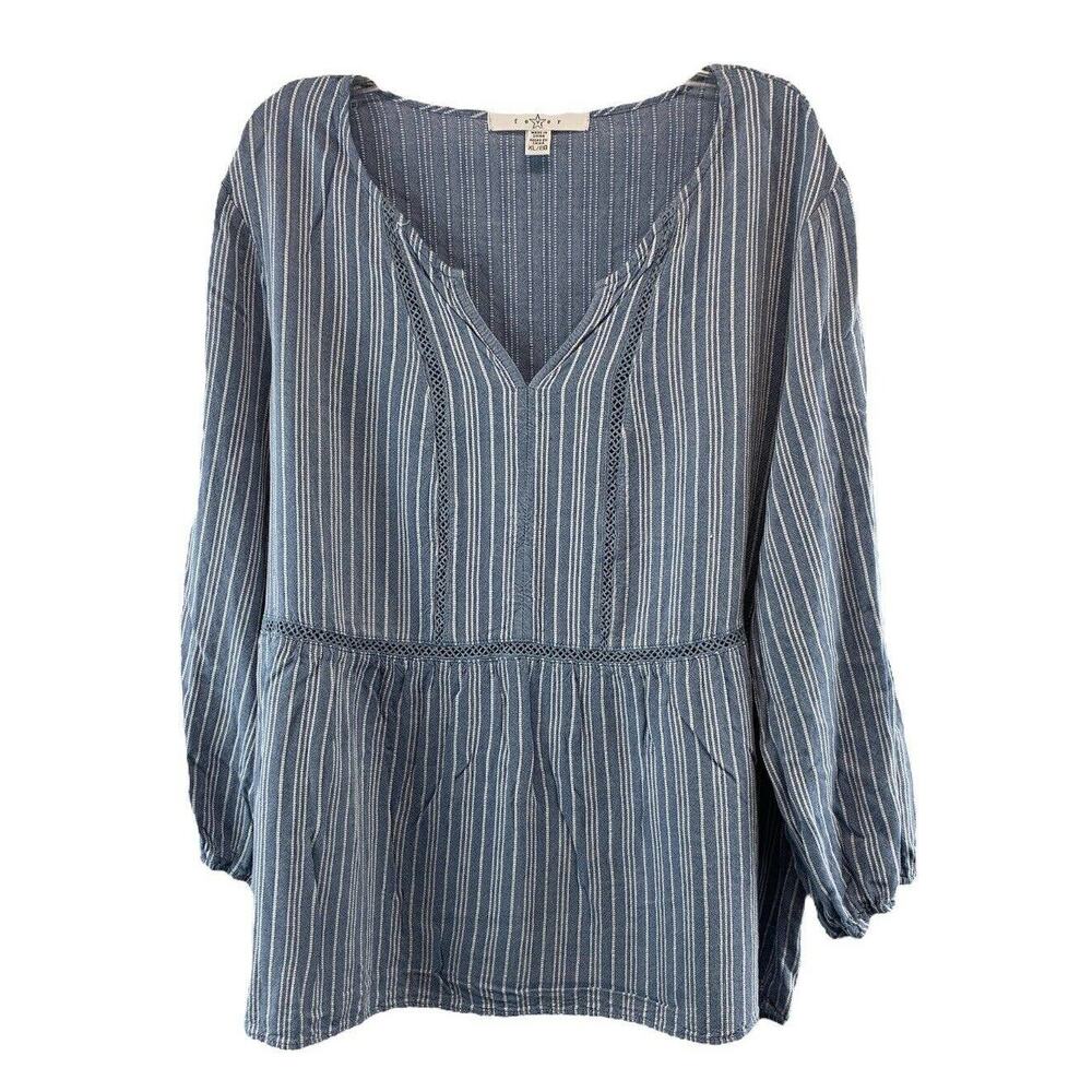 Fever Women's XL Blouse Boho V Neck Tunic Top Blue White Stripe Pullover Flowy